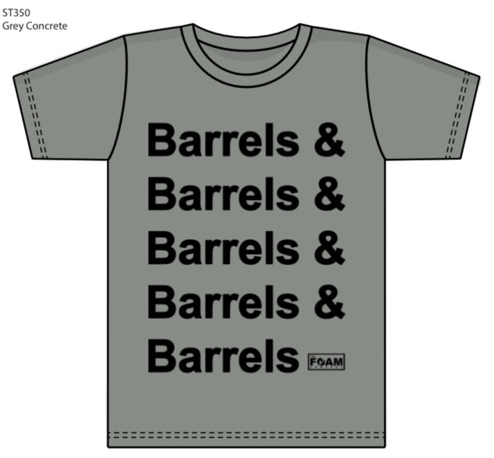 Foam Co Moisture Wicking "Barrels & Barrels" T-Shirt: Grey with Black Ink