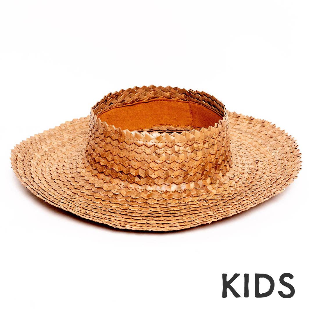 Straw Crownless Hat Papale Sun Boater Hat - (Kids Brown)