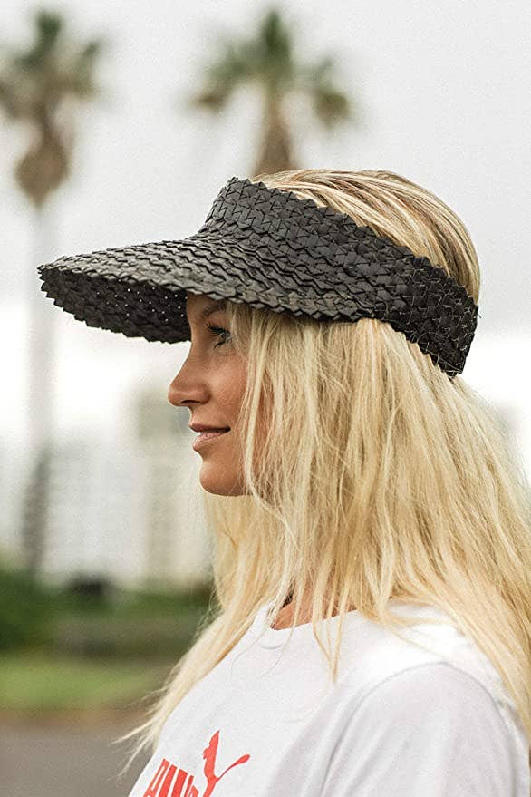 BLACK: Straw Sun Visor Summer Beach Hat Cap - Adult