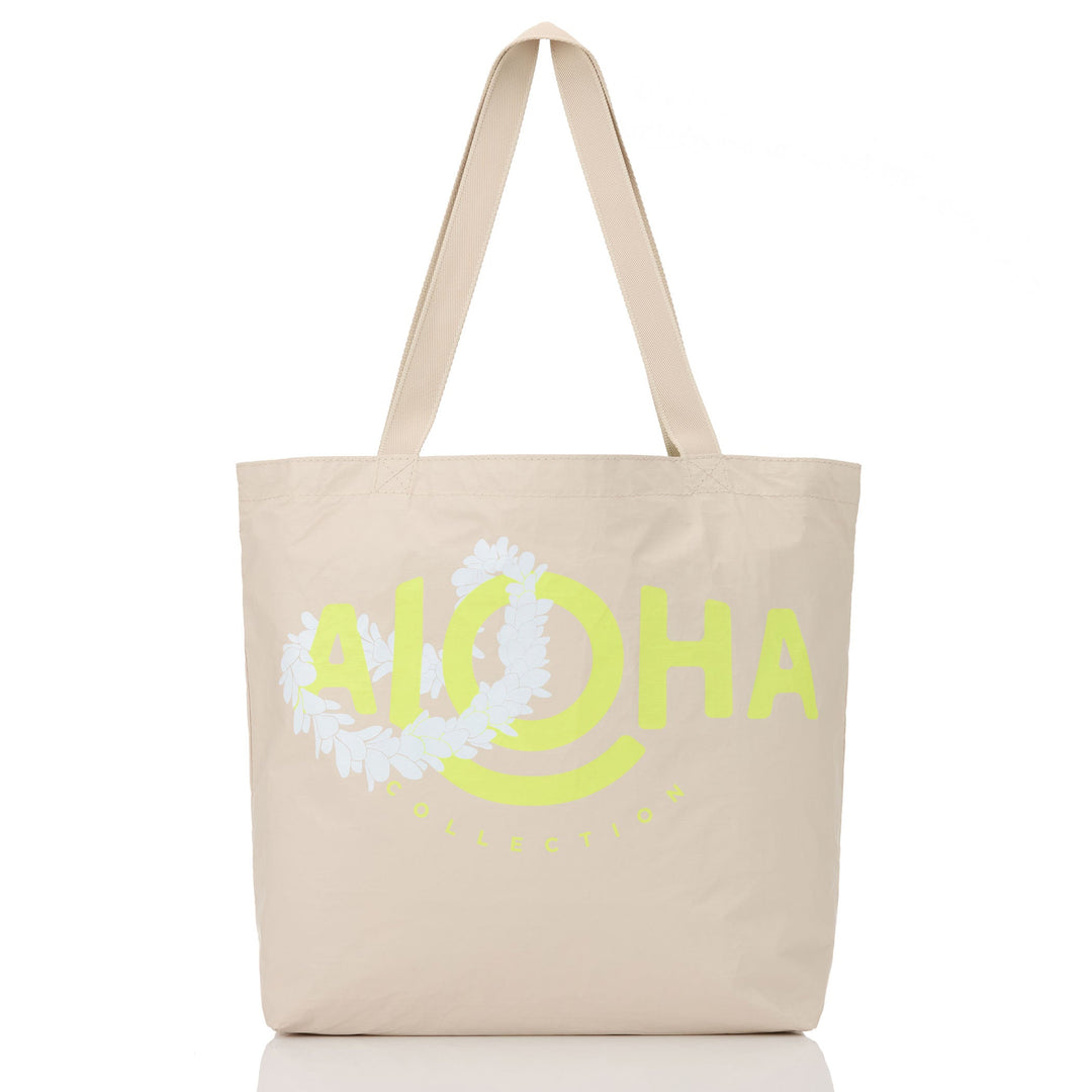 Lei ALOHA Reversible Tote in Highlighter on Sandstone