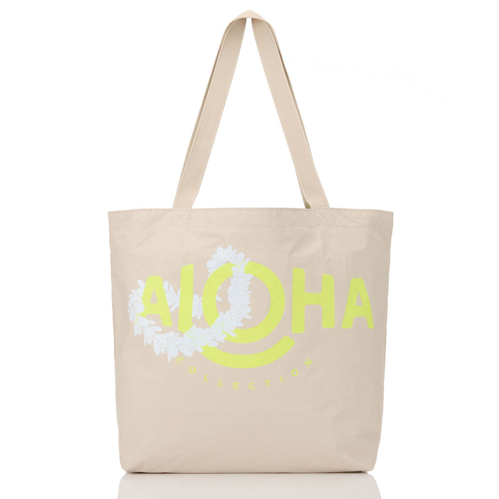 Lei ALOHA Reversible Tote in Highlighter on Sandstone