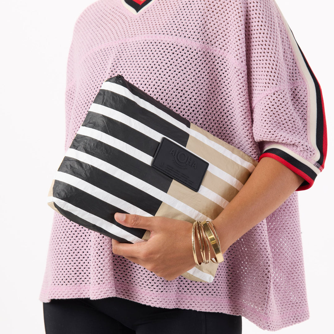 Sporty Stripe Mid Pouch in Latte