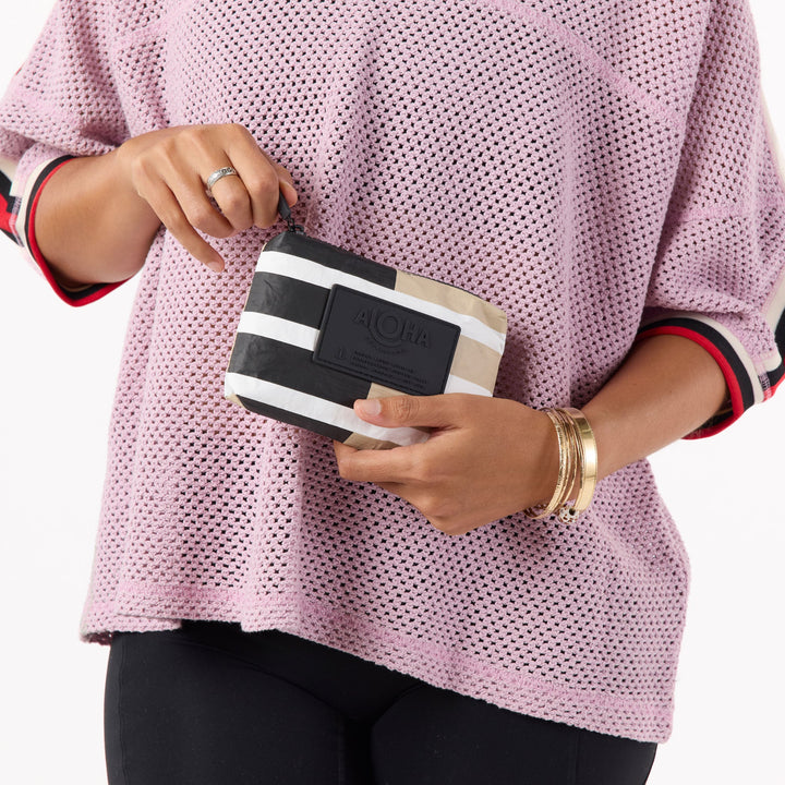Sporty Stripe Mini Pouch in Latte