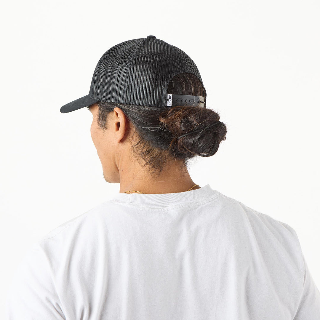 ALOHA Label Retro Trucker Hat in Black