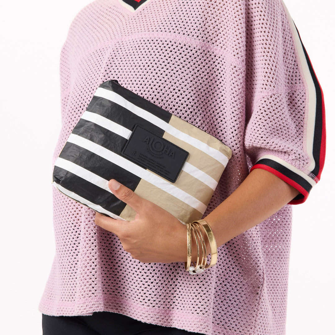 Sporty Stripe Small Pouch in Latte