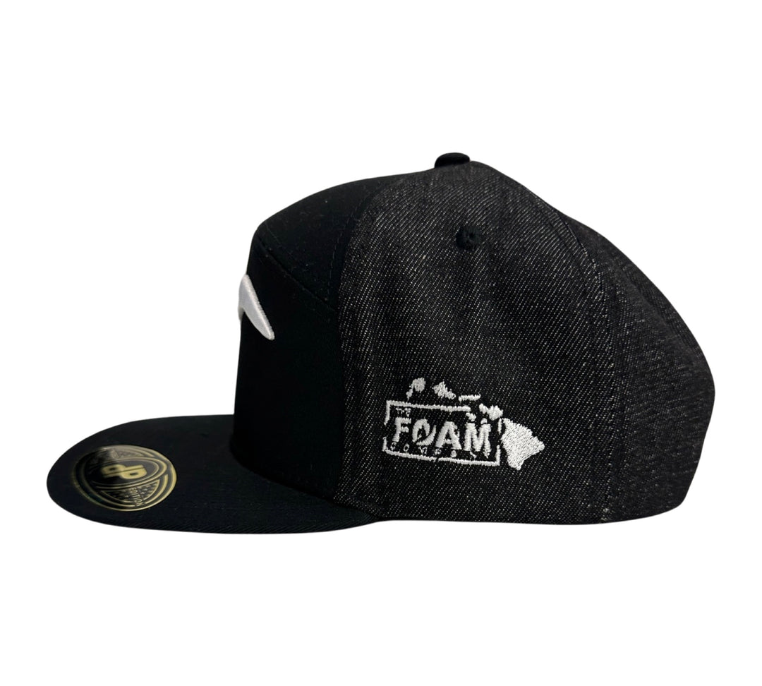 Foam Co - White Iwa w/Bodyboarder : 7 Panel Snapback, Black/Black Denim Hat