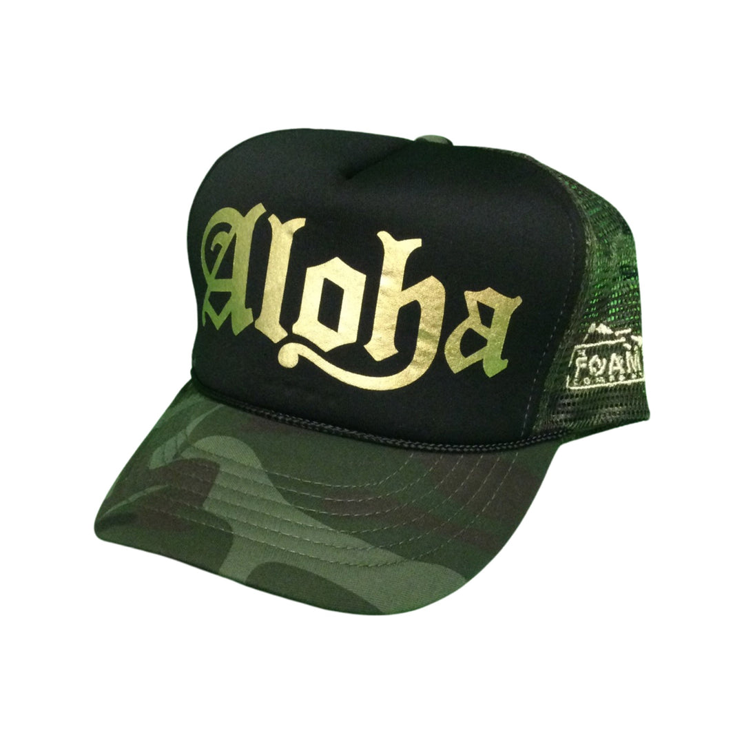 Foam Co Old English Aloha Trucker Hat Black w/Camo Mesh/Gold