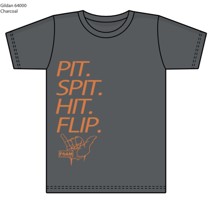 Foam Co Pit Spit Hit Flip Men's T-Shirt: Charcoal with Orange ink