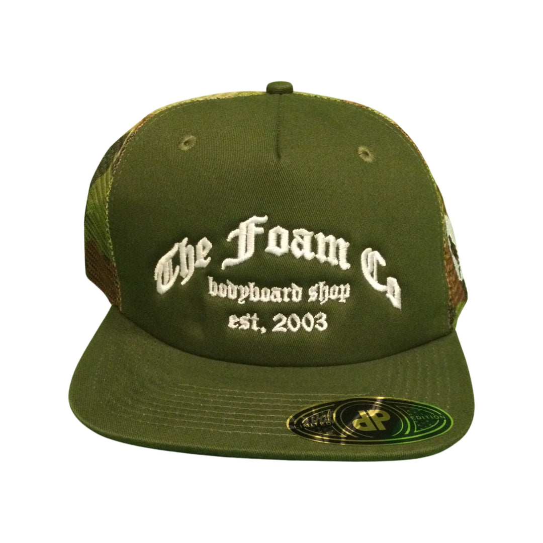 Foam Co Hat-Old English : Army Green / Camo Mesh