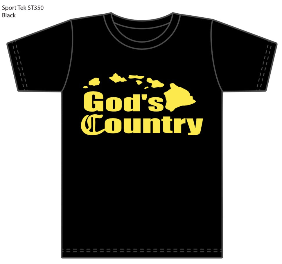 God's Country (Moisture Wicking) T-Shirt: Black with Yellow Ink