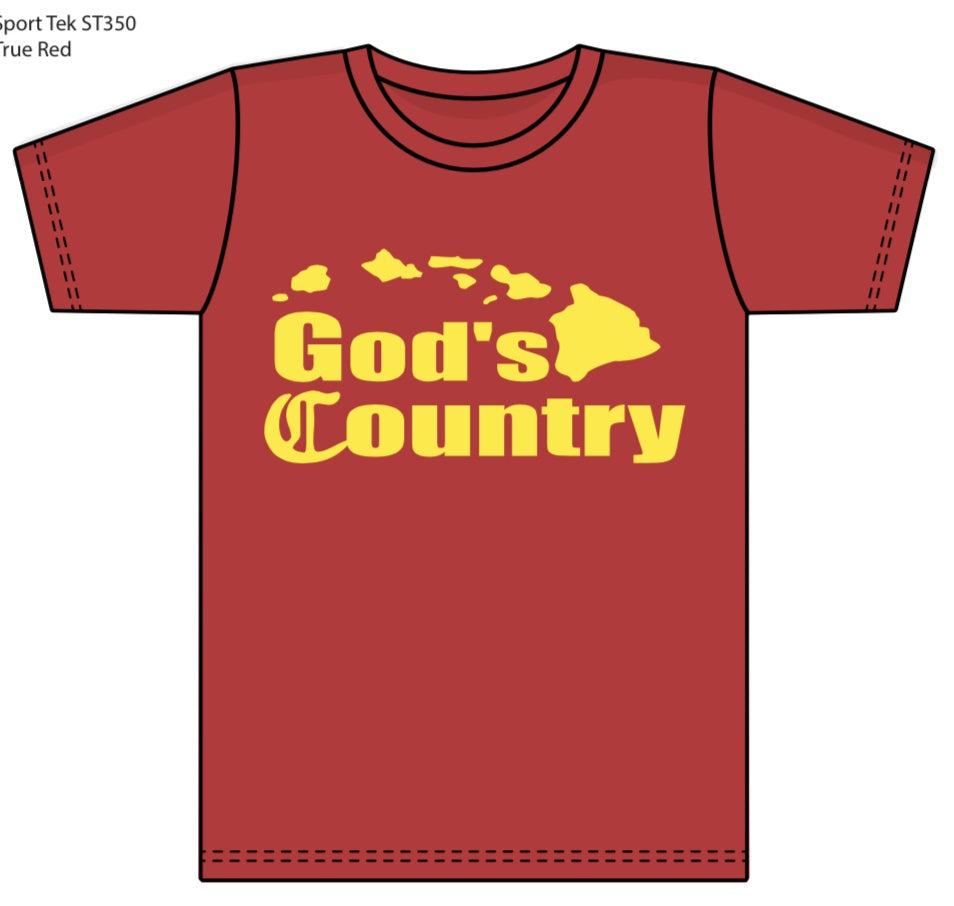 God's Country (Moisture Wicking) T-Shirt: Red with Yellow Ink