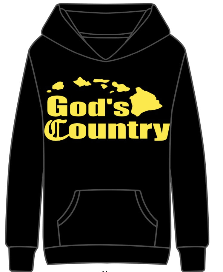 God's Country Pullover Hoody: Black with Yellow Ink