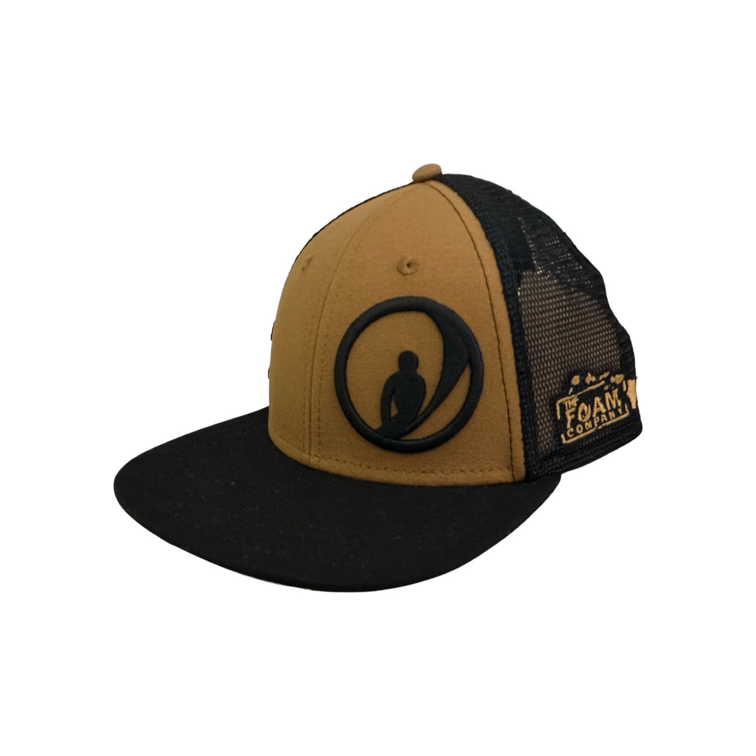 Foam Co Circle Logo/Side Logo Snapback Hat Black Mesh/Brown/Black w/Hawaiian Flag under bill